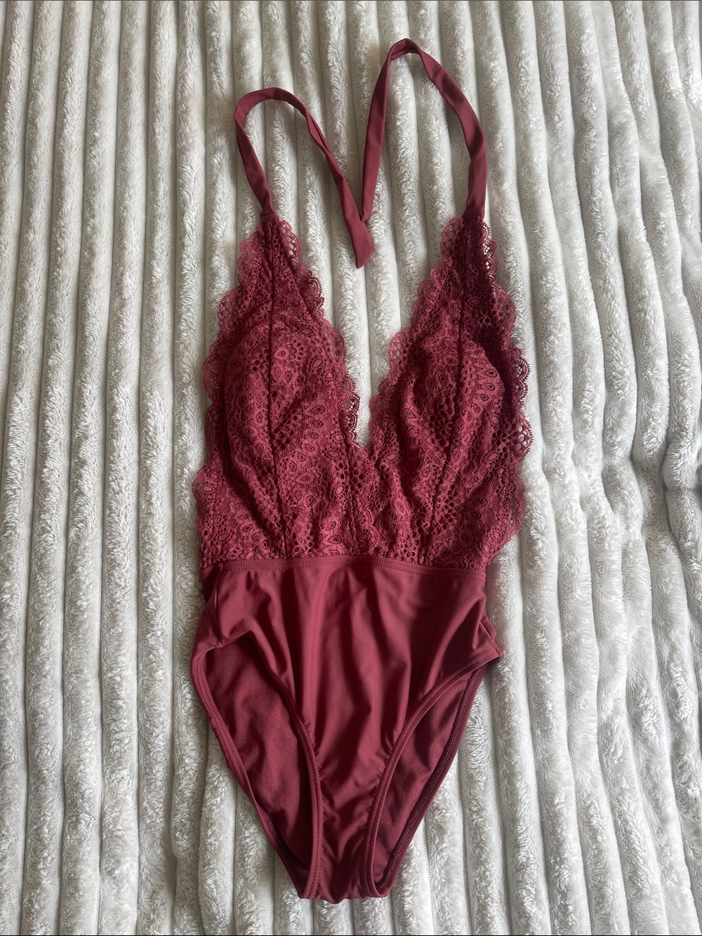 Xhilaration Lace-Trim One-Piece Swimsuit in mauve